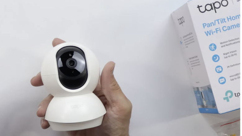 A camera near a phone showing a screen of a dog on a couch.