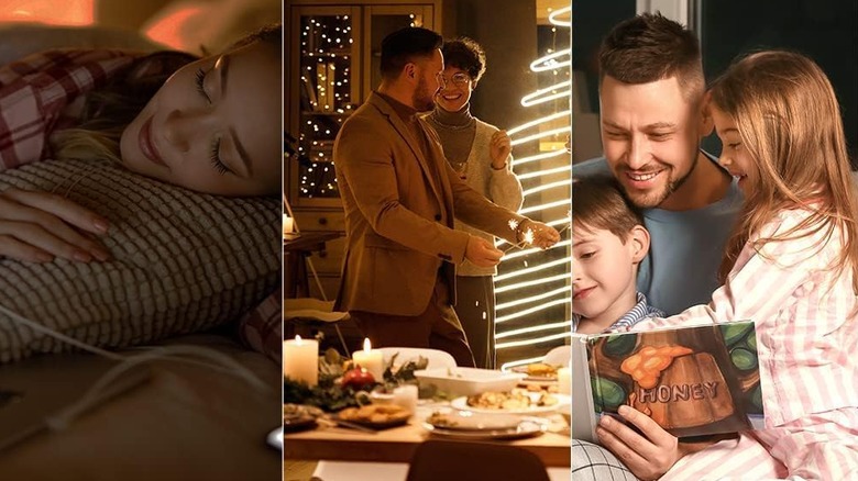 A woman sleeping, a man and woman happily being festive near food, and a father reading to his daughter and son.