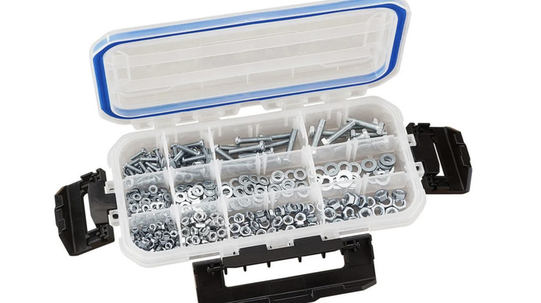 Harbor Freight's small storage container open and filled with different hardware