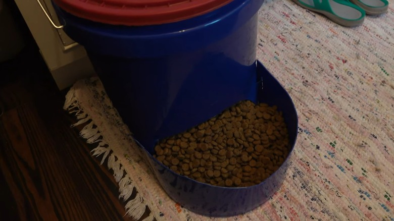 An animal feeder made from two 5-gallon buckets.