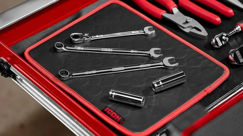 Tools on an Icon magnetic tool mat in a drawer