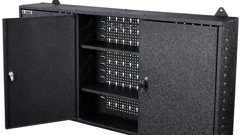 The U.S. General Hanging Tool Cabinet from Harbor Freight with the center door open.