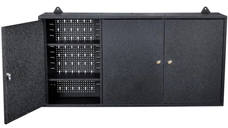 The U.S. General Hanging Tool Cabinet from Harbor Freight with the left door open.