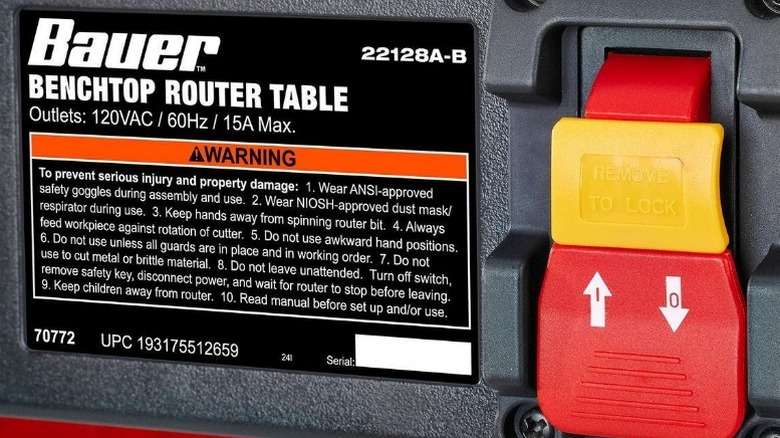 Close up of Bauer Benchtop Routing Table power switch
