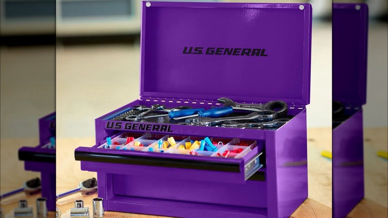 Purple U.S. General Mini Steel Toolbox opened, showing tools and fastenings