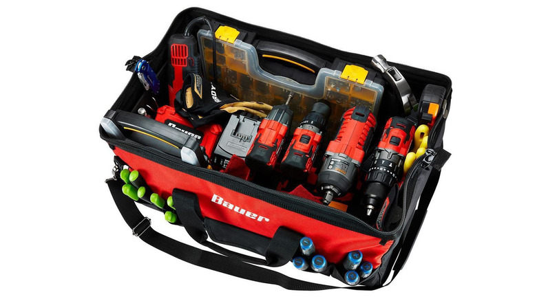 bauer tool bag filled with power tools