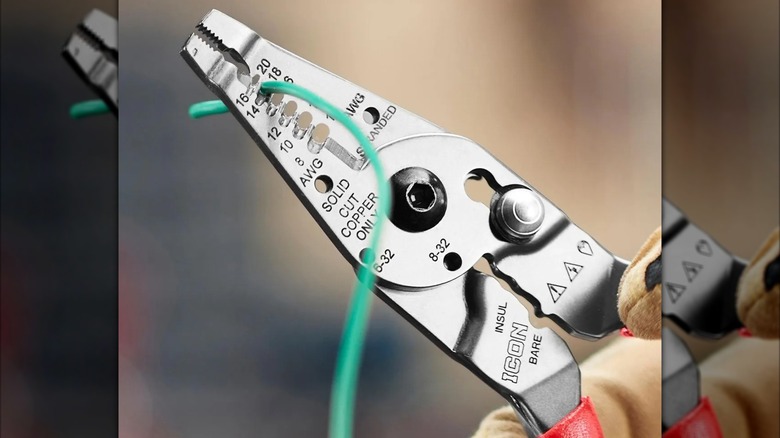 Icon 9-inch long-nose wire stripper, cutter, and crimper in use