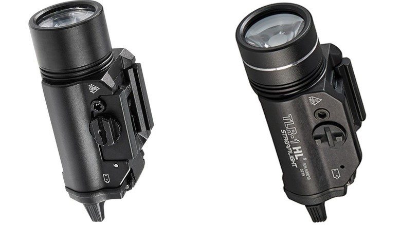 A closeup of Braun and Streamlight tactical rail mount lights shown side-by-side.