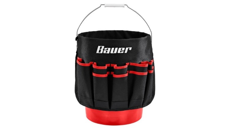 Bauer tool bag on 5 gallon bucket with white background