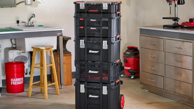 Stacked Harbor Freight modular toolboxes in a garage