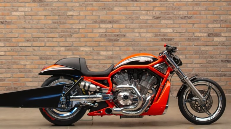 A side profile shot of the 2006 Harley-Davidson VRXSE Screamin' Eagle V-Rod Destroyer in a show room.