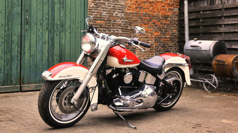 Front view of a red Harley-Davidson Softail