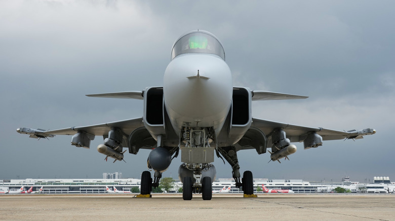 Head-on view of Saab JAS 39 Gripen fighter jet, parked on a runway