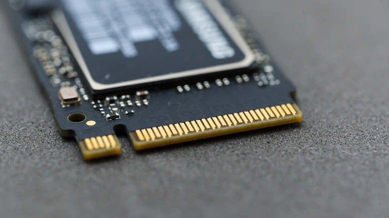 Close up view of an SSD, focussed on the connectors