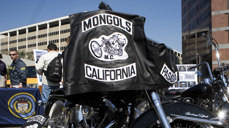 Motorcycles seized from the Mongols Motorcycle gang are on display during a press conference in Los Angeles