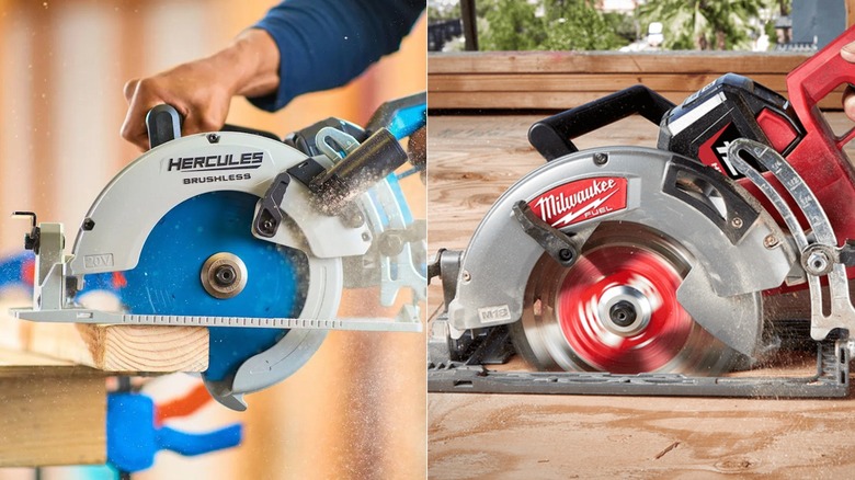 Side-by-side of Hercules 20V and Milwaukee M18 brushless cordless 7-1/2-inch circular saws