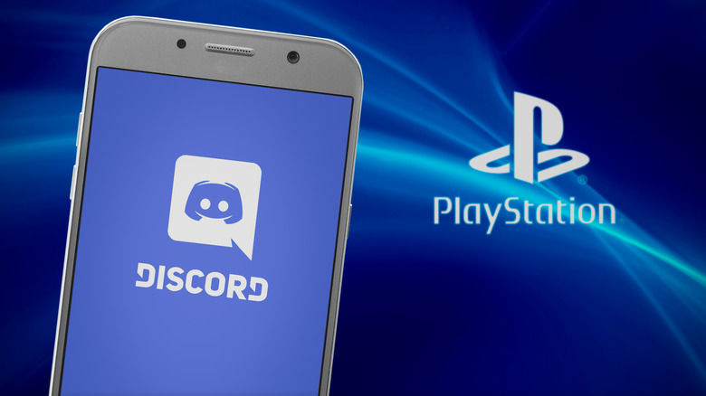 Discord app on smartphone in front of PlayStation logo on TV screen