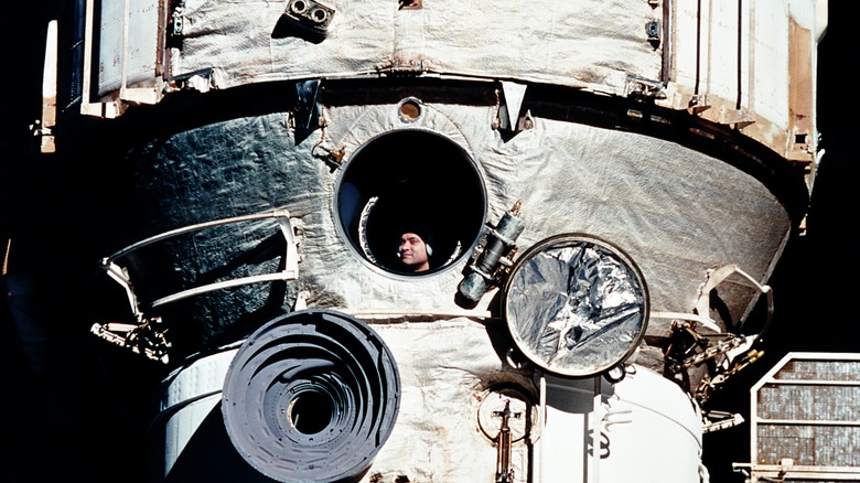 Valeri Polyakov inside the Mir space station.