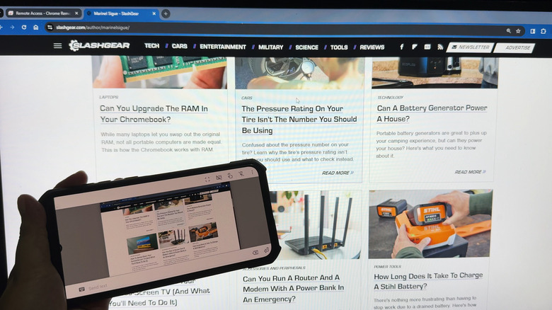 Desktop running Chrome Remote Desktop with phone running an active remote session