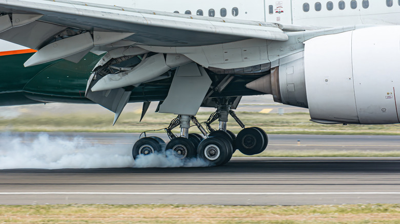 wide body plane landing gear in action