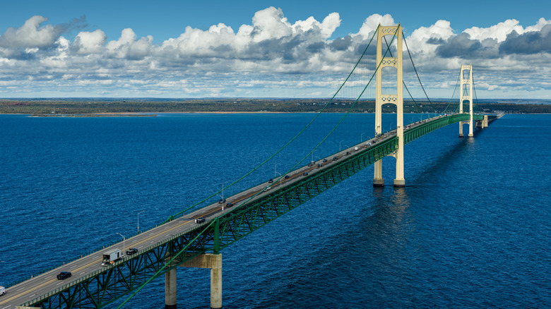 Aerial view of Mackinac bridge over water