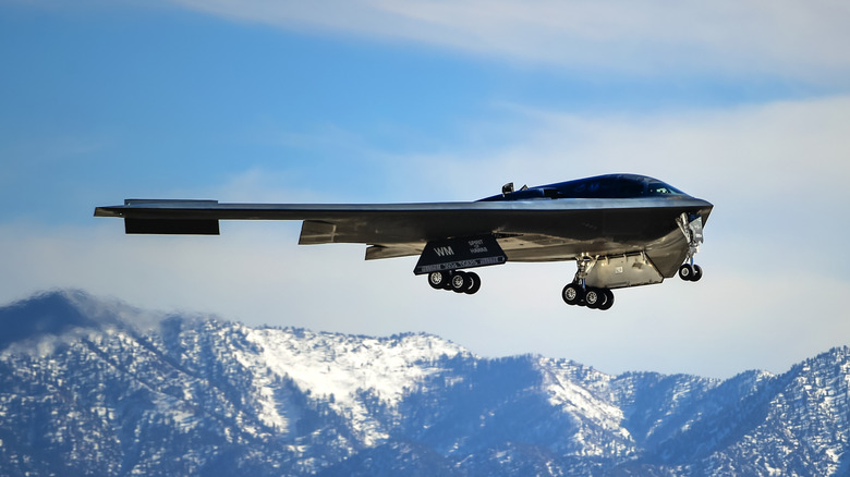 A B-2 bomber flying past a snowy mountain range