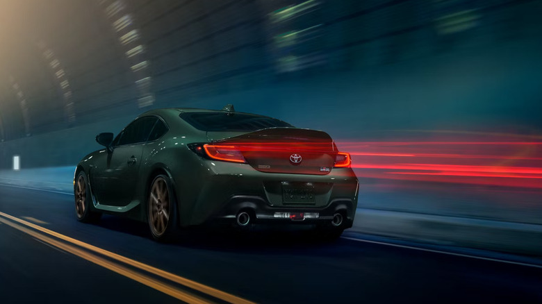 Rear quarter shot of a Toyota GR86 in motion