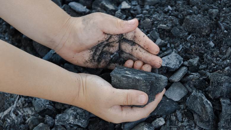 A pair of dirty hands holding a chunk of coal