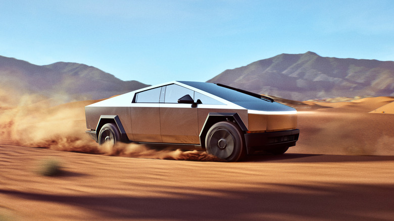 A Tesla Cybertruck speeding through the desert, front 3/4 view