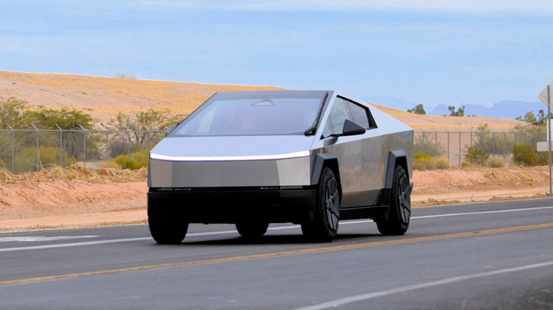 Tesla Cybertruck on the road, front 3/4 view