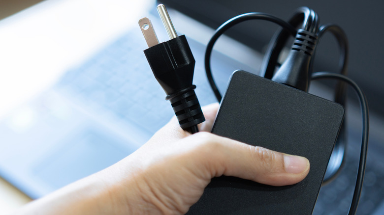 A Person Holding A Laptop Charger And Plug