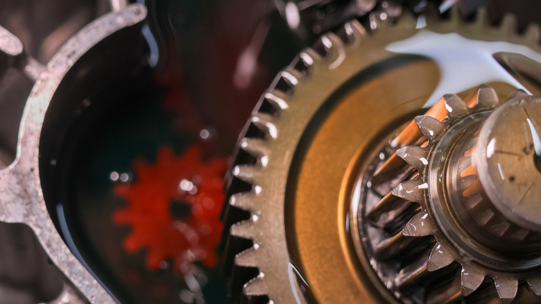 Detail view of gearbox with gear oil coating metal components