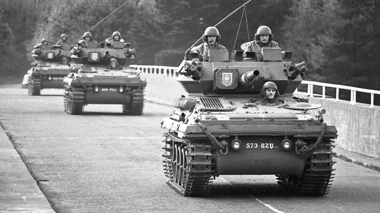 FV101 Scorpion tanks seen in black and white photo