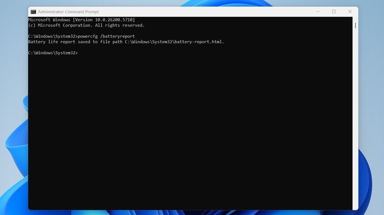 Command Prompt window displaying the command to generate battery health on Windows 11.