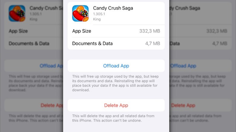 Pantalla de iPhone con opciones para descargar la aplicación o eliminar la aplicación