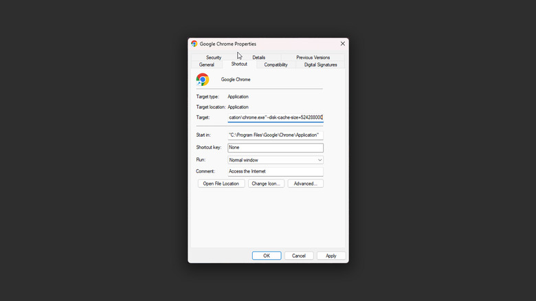 Window showing Google Chrome shortcut settings