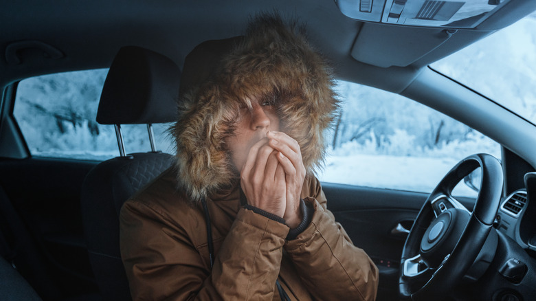 Person trying to warm up in a cold car