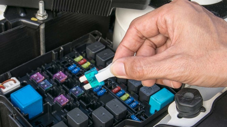 an auto-electrician holding a fuse on top of a fuse box