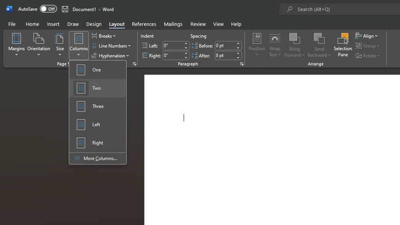 microsoft word document columns