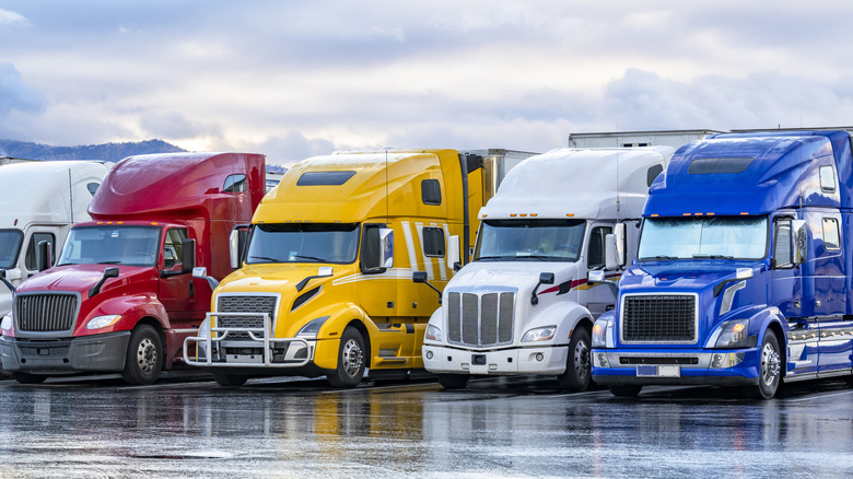 semi trucks parked in a row