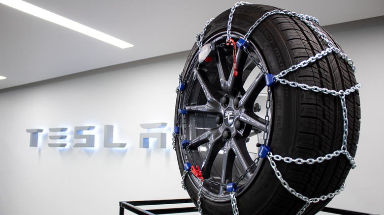 tesla tire chains display office