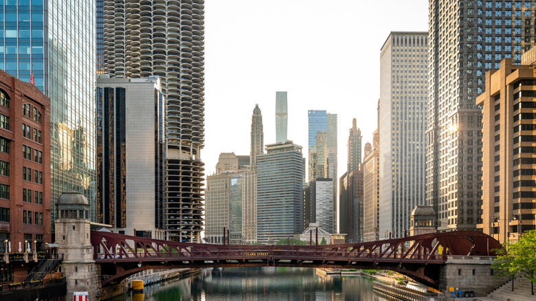 Downtown Chicago riverfront with bridge in foreground