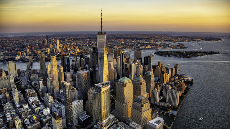Aerial view of Manhattan skyline viewed from the Hudson River looking south with central focus on One World Trade Center