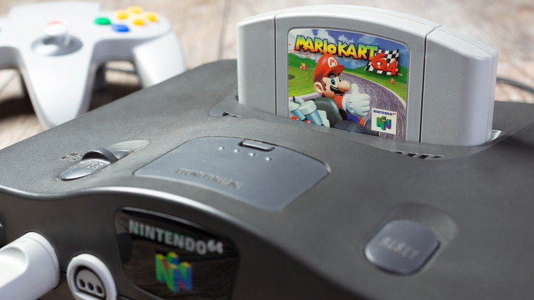 nintendo 64 with mario kart cartridge