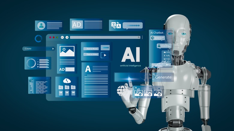 A poster of a humanoid robot depicting the use of AI technology to perform tasks on a holographic display.