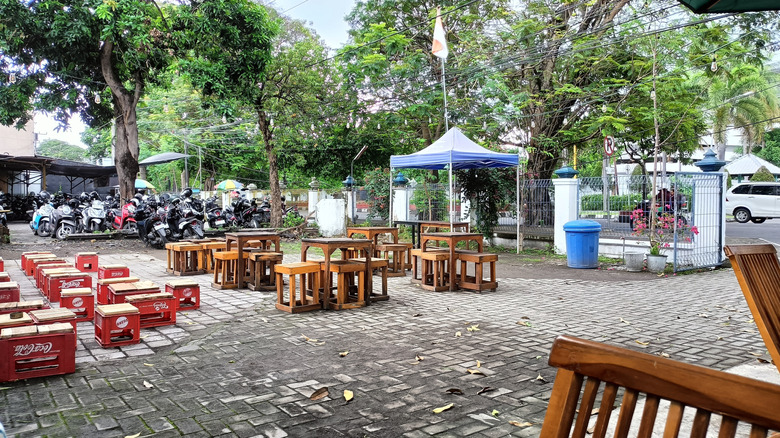 Motorcycles parked in an outdoor rest area