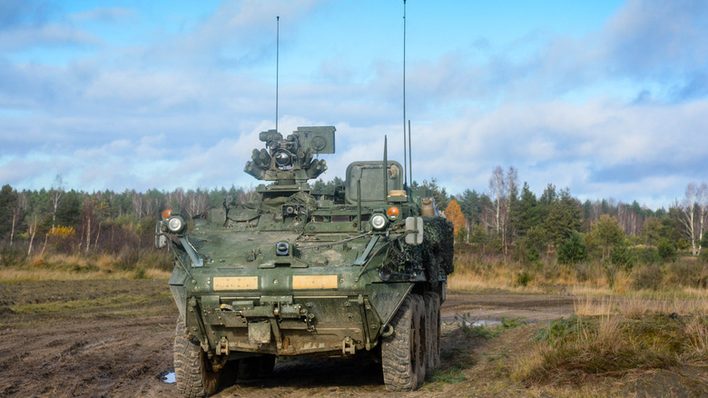 Stryker vehicle on muddy ground