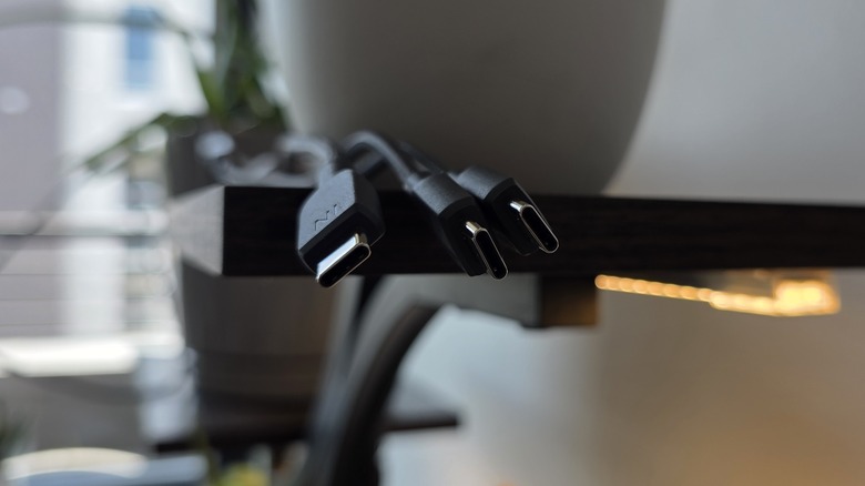 USB C cables arranged on a shelf