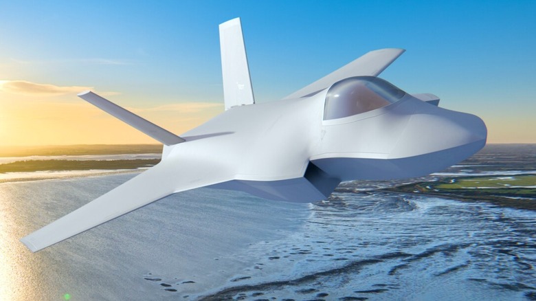 An artist's rendering of the UK's flagship Combat Air Flying Demonstrator flying over a beach