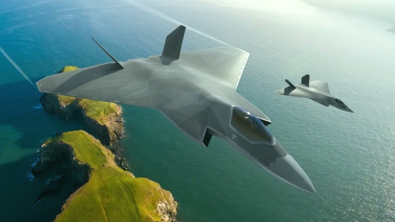 A rendering of a pair of Tempests of the latest configuration overflying the U.K. coastline
